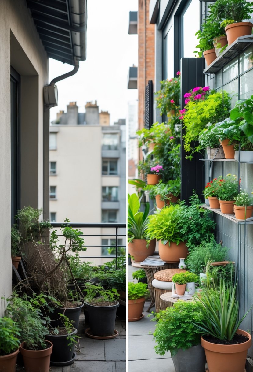 Small Urban Garden Before & After Transformation 6 A city apartment balcony showing a small urban garden before and after transformation, with neglected plants on one side and a vibrant, well-maintained garden on the other.