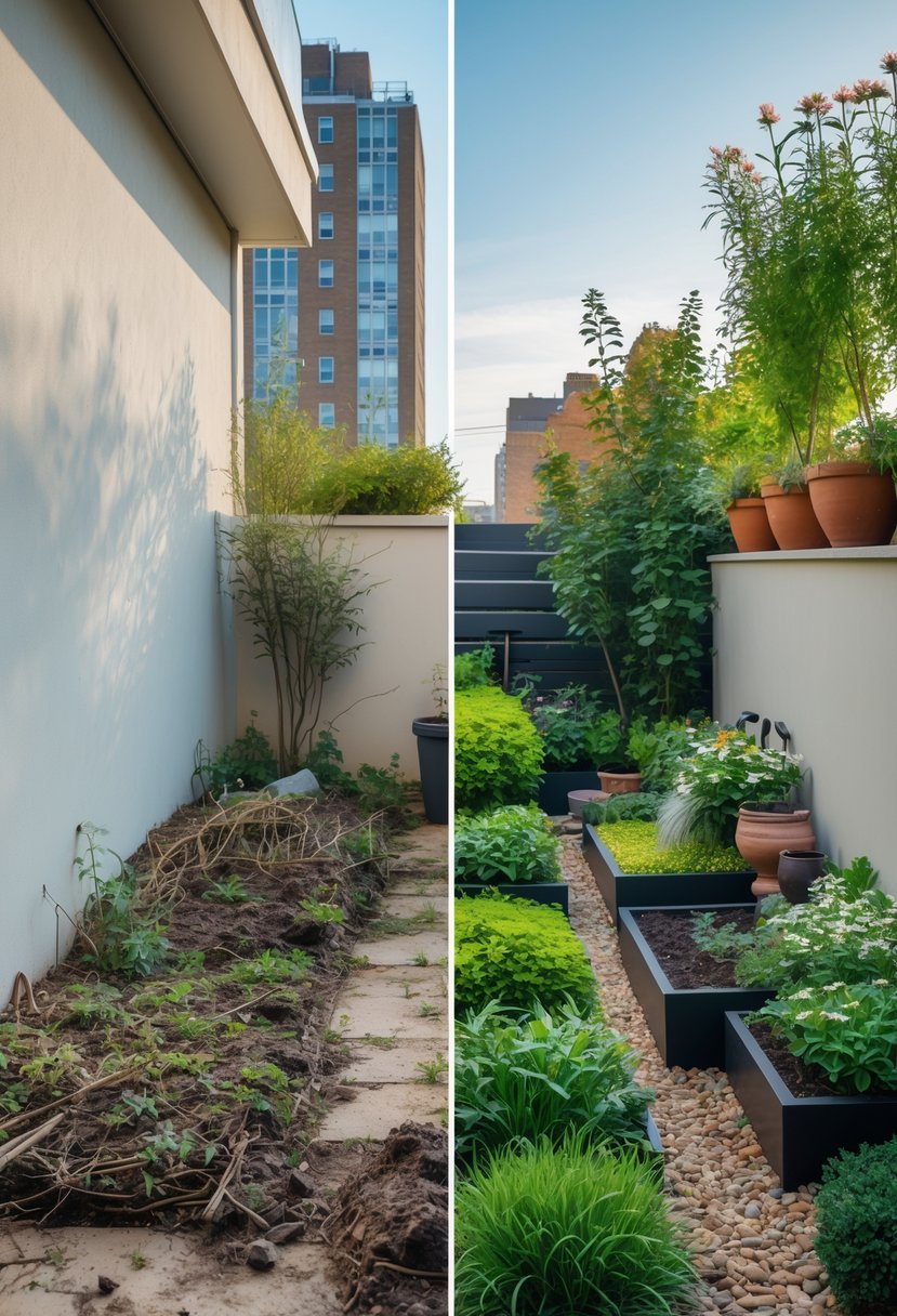 Small Urban Garden Before & After Transformation 7 A small urban garden shown before and after transformation, with the left side cluttered and overgrown, and the right side neatly organized with green plants and flowers.