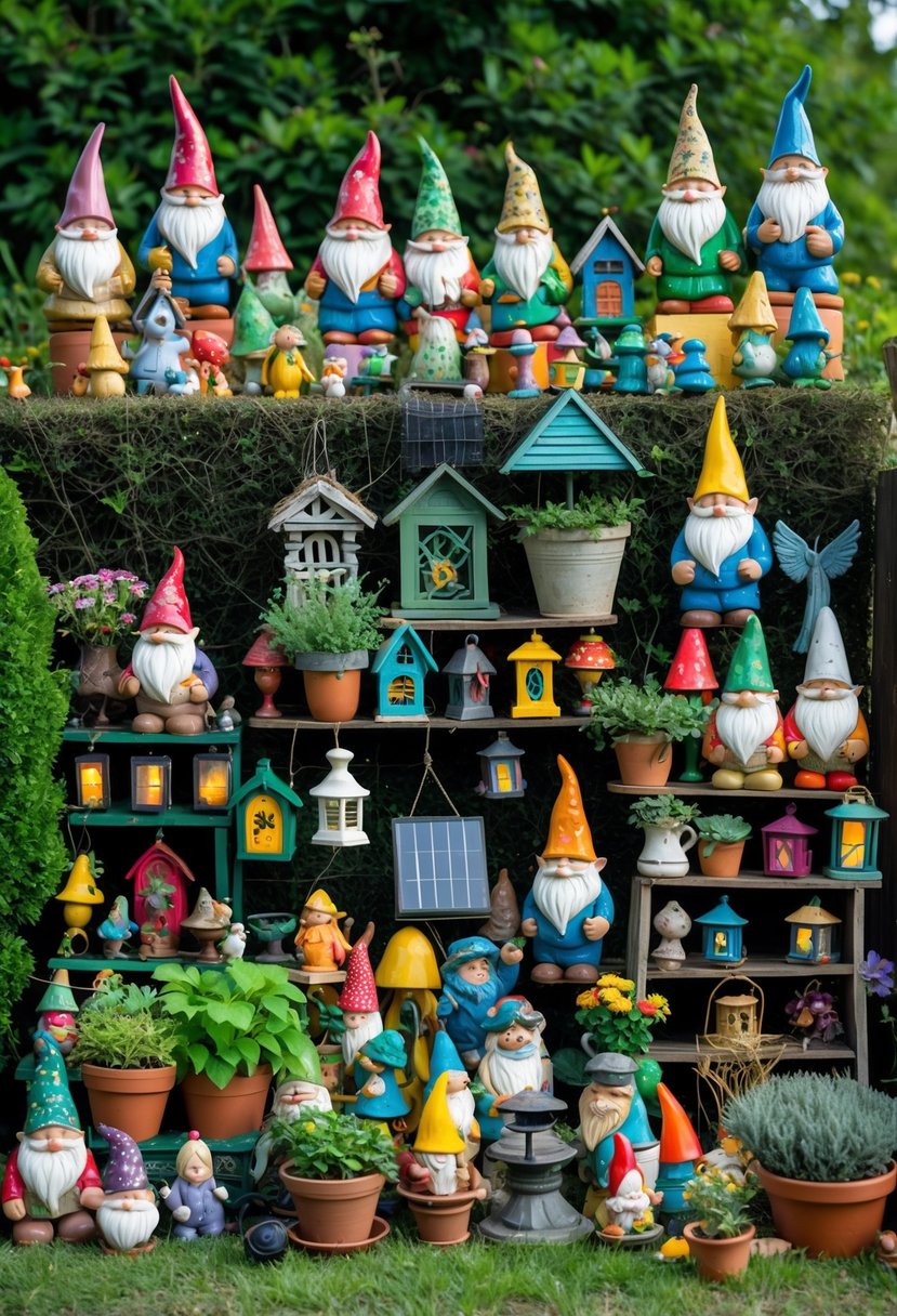 A small garden area filled with many different garden decorations crowded closely together, creating a cluttered and busy appearance.