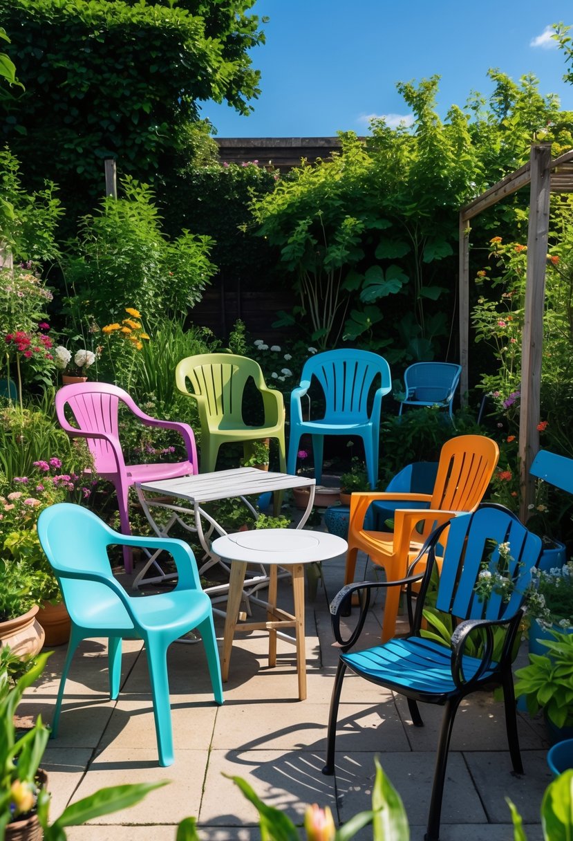 An outdoor garden patio with various mismatched chairs and tables surrounded by plants and flowers.