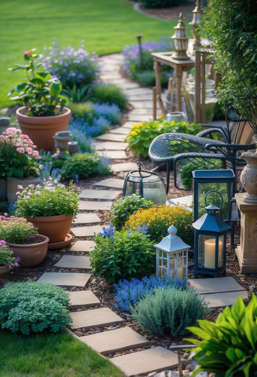 A garden with plants, flower pots, outdoor furniture, and decorative items arranged in a cluttered and uneven way.