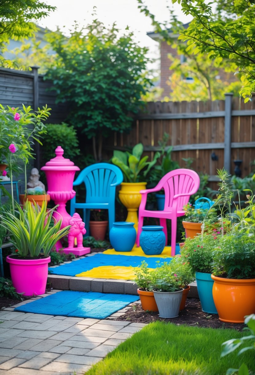 A garden area with various brightly colored pots, statues, and outdoor furniture in clashing colors, surrounded by green plants and a wooden fence.