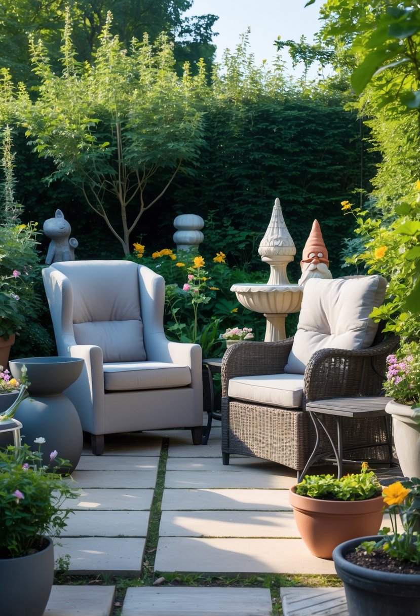 Outdoor garden patio with mismatched furniture and oversized and tiny garden decorations showing uneven scale.