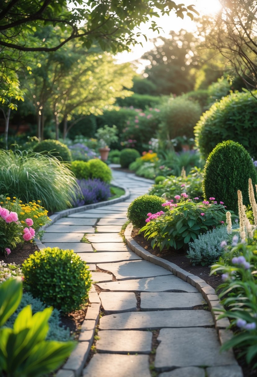 A winding stone garden pathway surrounded by green plants and colorful flowers under soft sunlight.