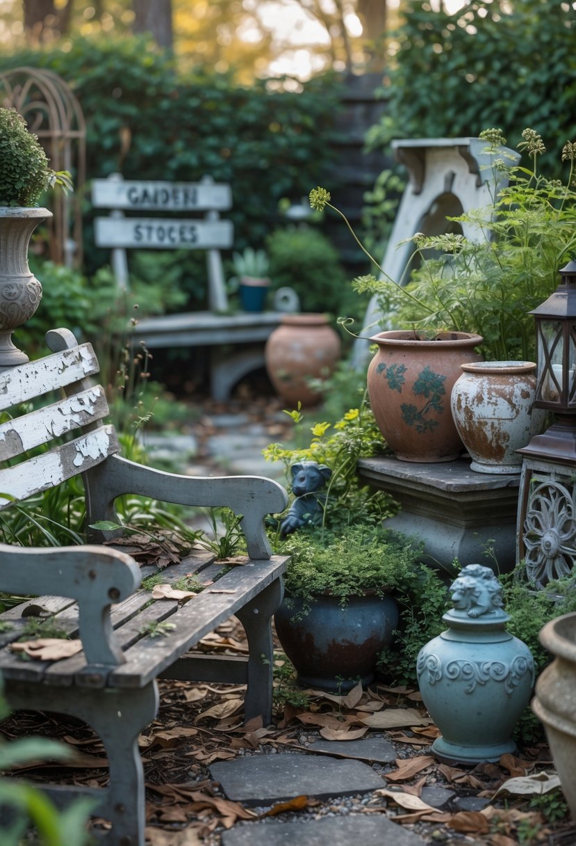 A garden area with neglected decor including peeling paint on benches, cracked pots, rusty lanterns, overgrown plants, and an unkempt path with weeds.