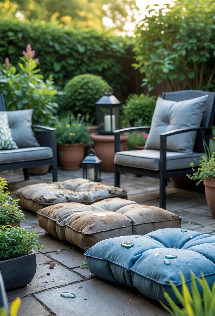 Outdoor garden patio with worn, faded cushions on chairs surrounded by plants and garden decorations.
