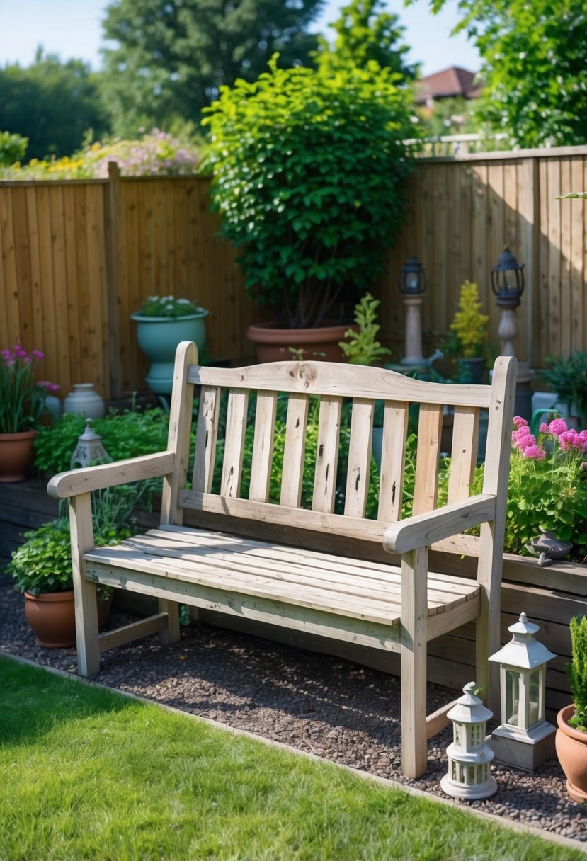A wooden garden bench and fence with visible weather damage in a sunny backyard garden surrounded by plants and garden decorations.