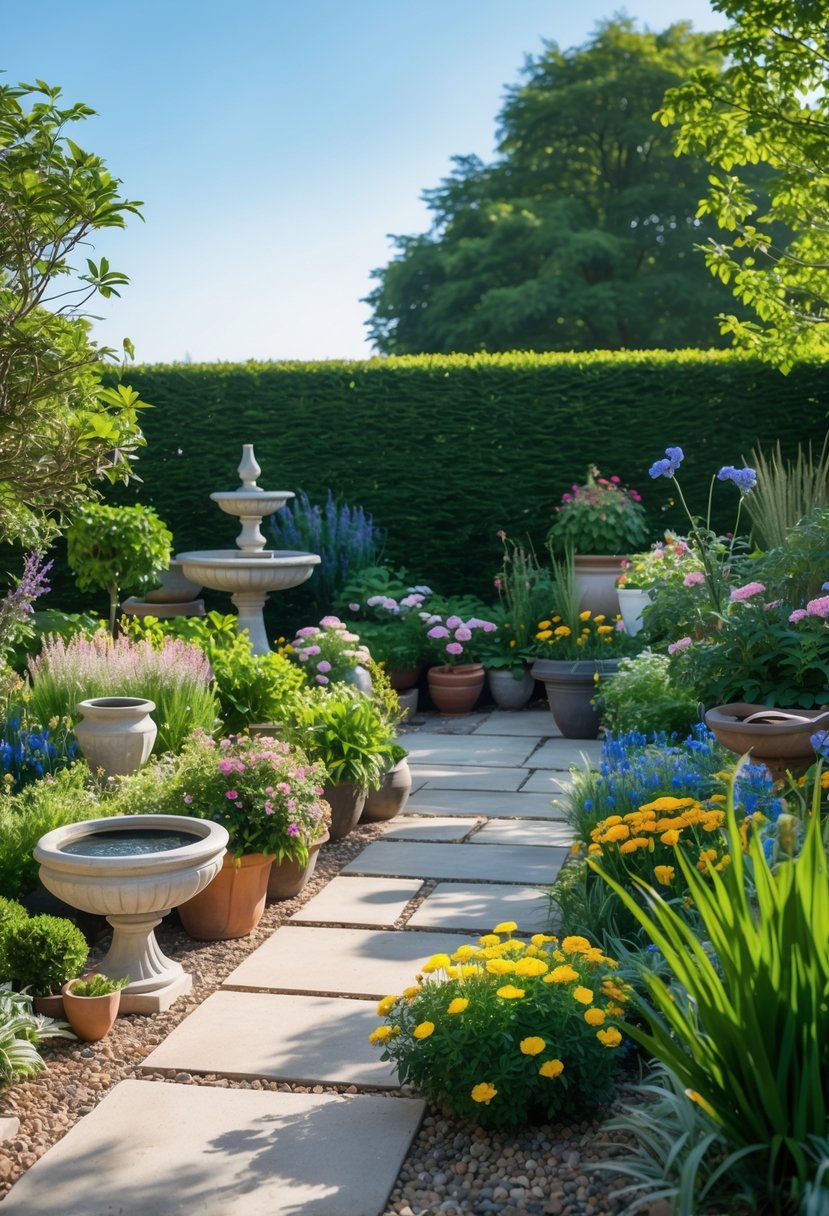A neat garden with colorful plants, decorative pots, a birdbath, and a stone path under a clear sky.