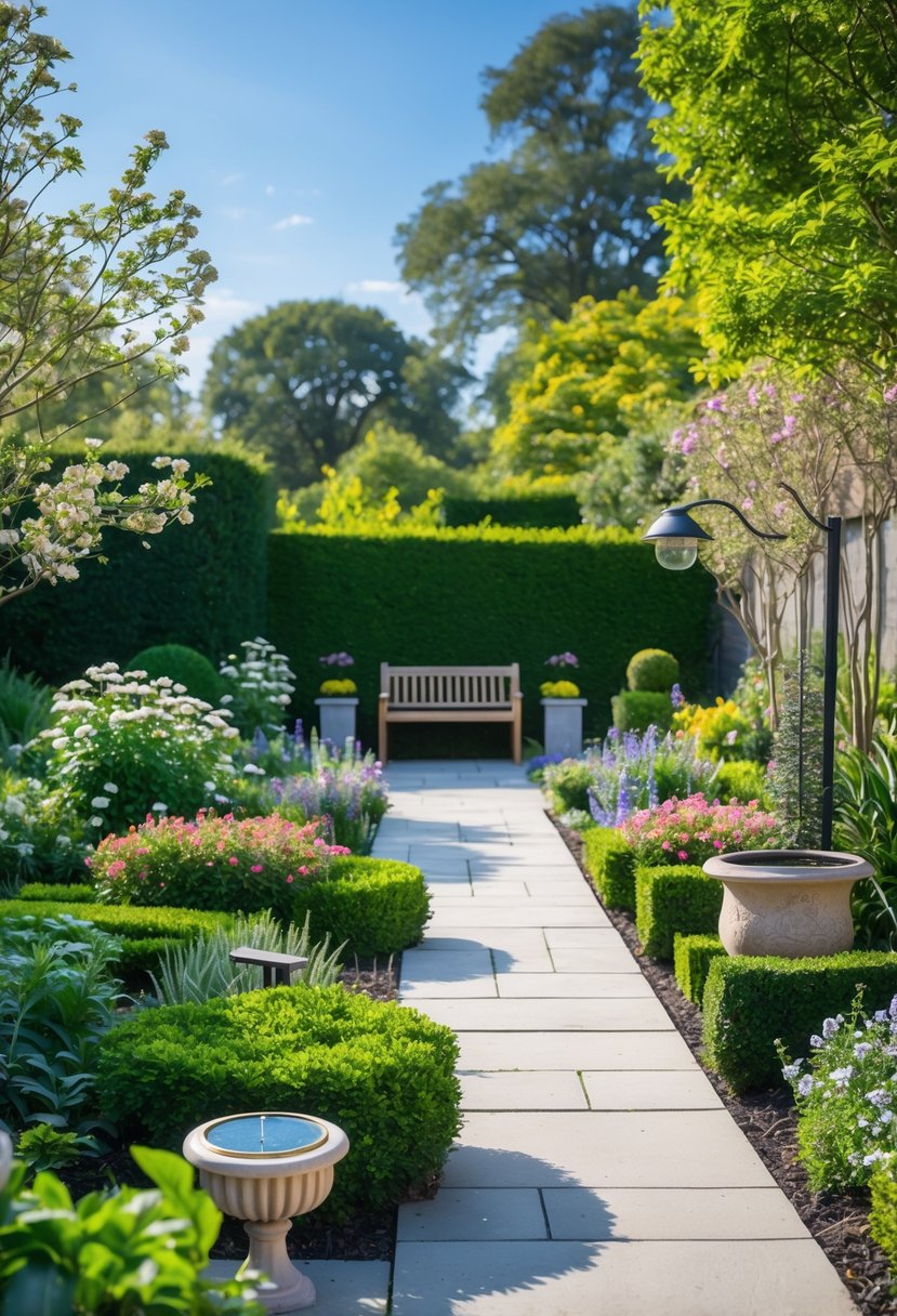 A well-maintained garden with colorful flowers, trimmed shrubs, a wooden bench, garden lights, and a birdbath under a clear sky.