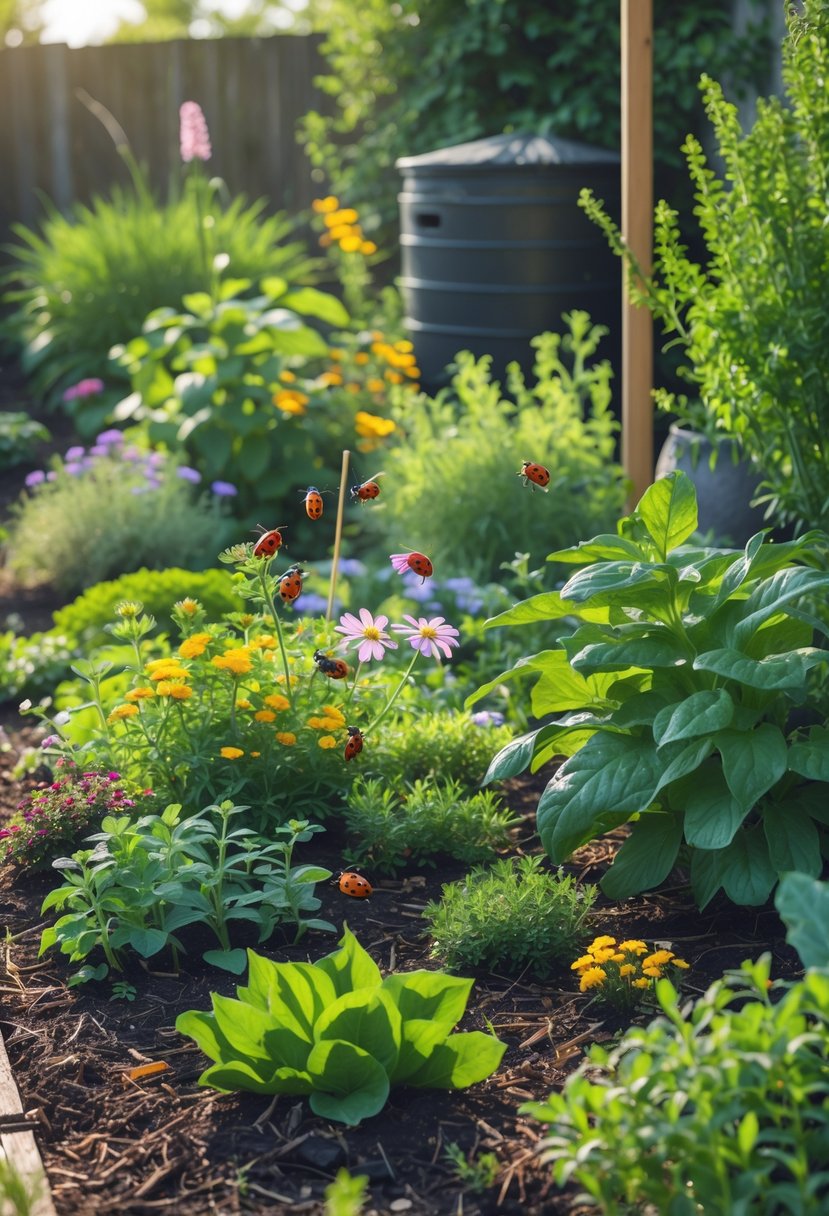 Expert Tips for Growing a Low-Maintenance Garden: Practical Guide 5 A diverse garden with flowering plants, beneficial insects, and sustainable gardening elements like a compost bin and rainwater barrel.