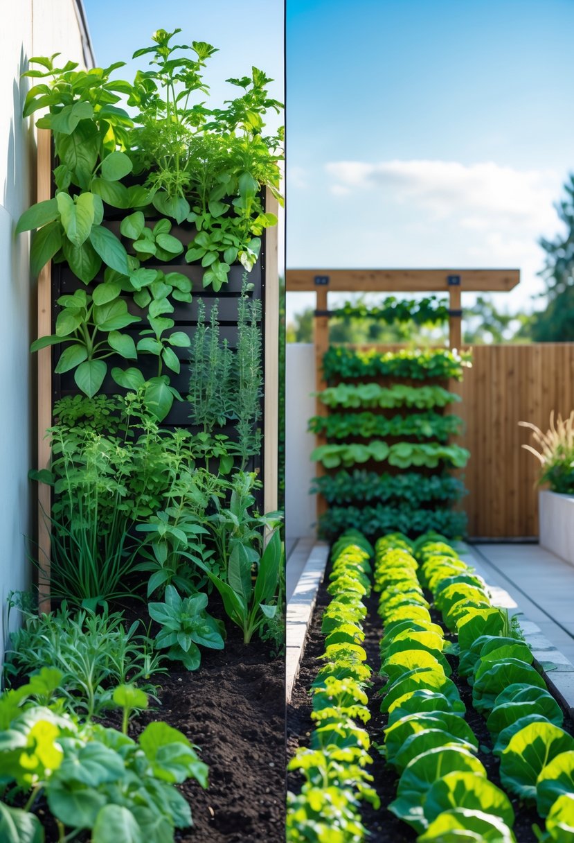 A side-by-side view of a vertical garden with plants growing upward on a wall and a horizontal garden with plants growing in rows on the ground outdoors.