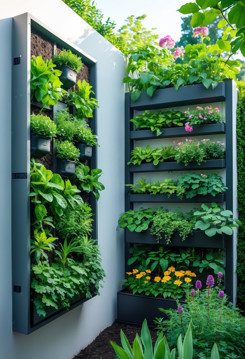 Side-by-side view of a vertical garden on a wall and a horizontal garden with plants growing in a garden bed.