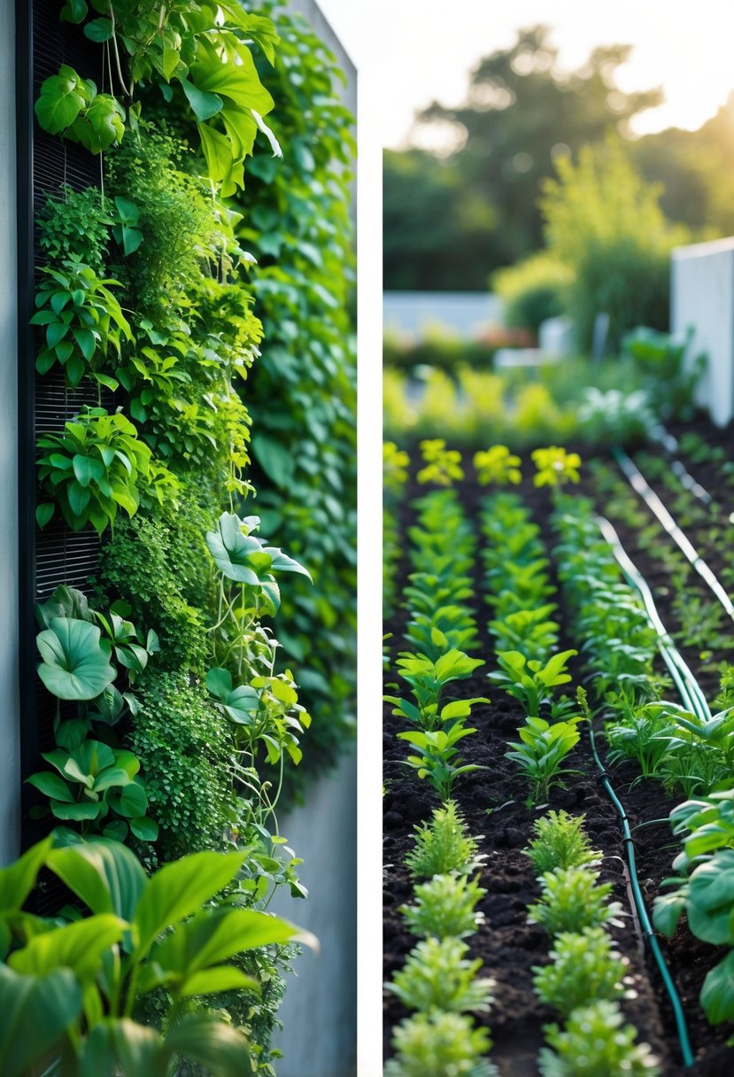 Side-by-side view of a green vertical garden on a wall and a horizontal garden with plants growing in soil outdoors.