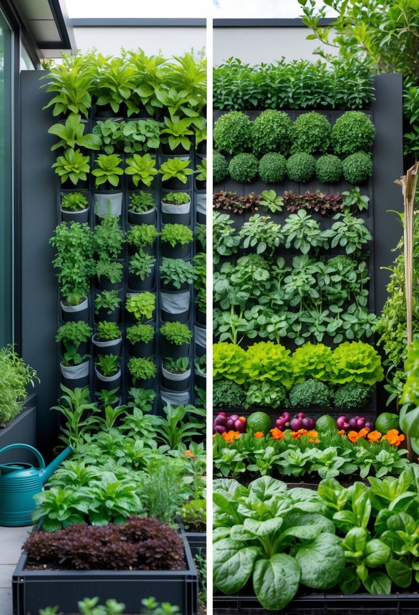 Side-by-side view of a vertical garden on a wall and a horizontal garden with soil beds, both filled with various green plants and flowers outdoors.
