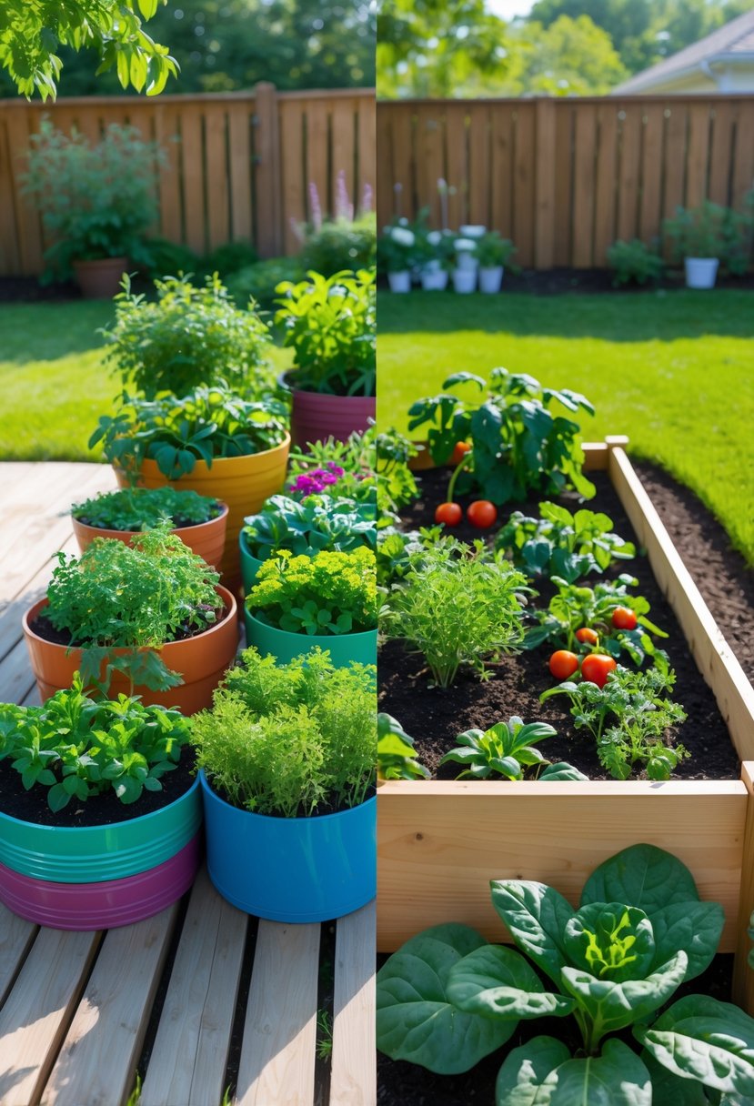 A backyard showing a container garden with plants in pots next to a raised bed garden with plants growing in soil.