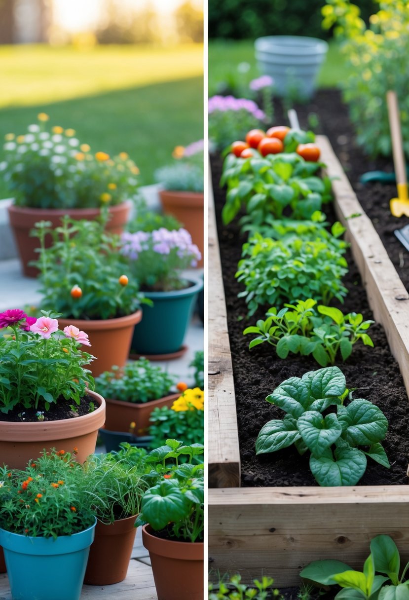 Side-by-side view of a container garden with potted plants and a raised bed garden with wooden borders and growing vegetables outdoors.