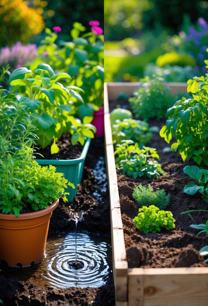 Side-by-side view of a container garden with plants in pots and a raised bed garden with wooden edges, both showing healthy soil and plants outdoors.