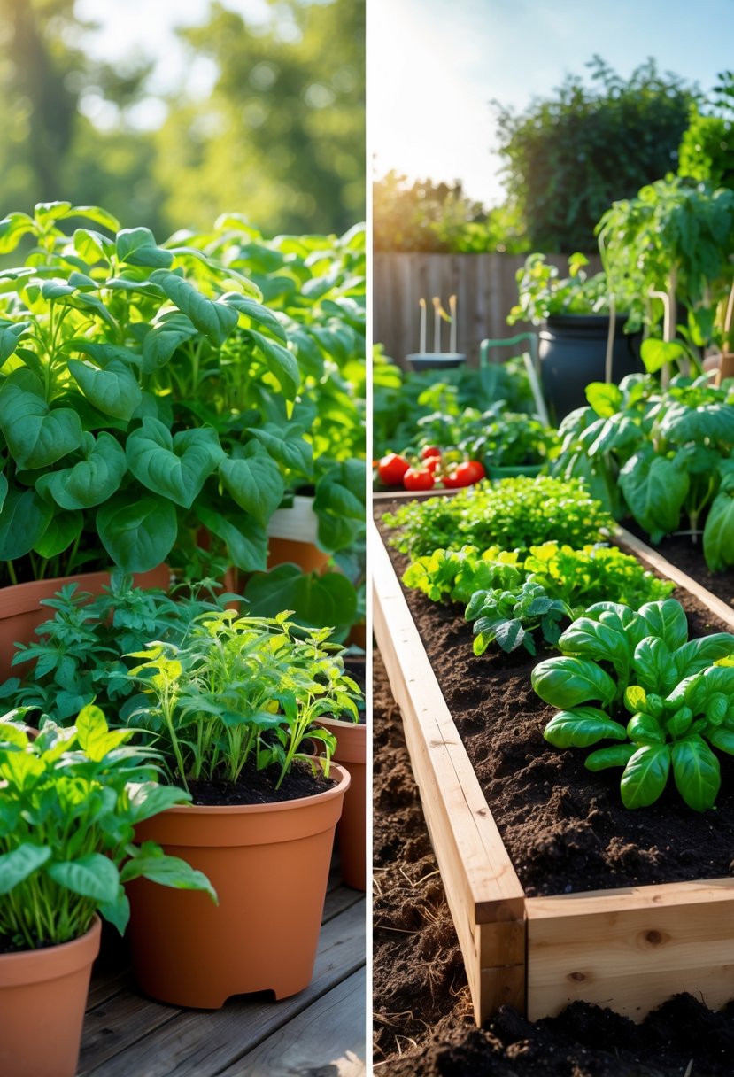 A side-by-side view of a container garden with plants in pots next to a raised wooden garden bed filled with vegetables and herbs.