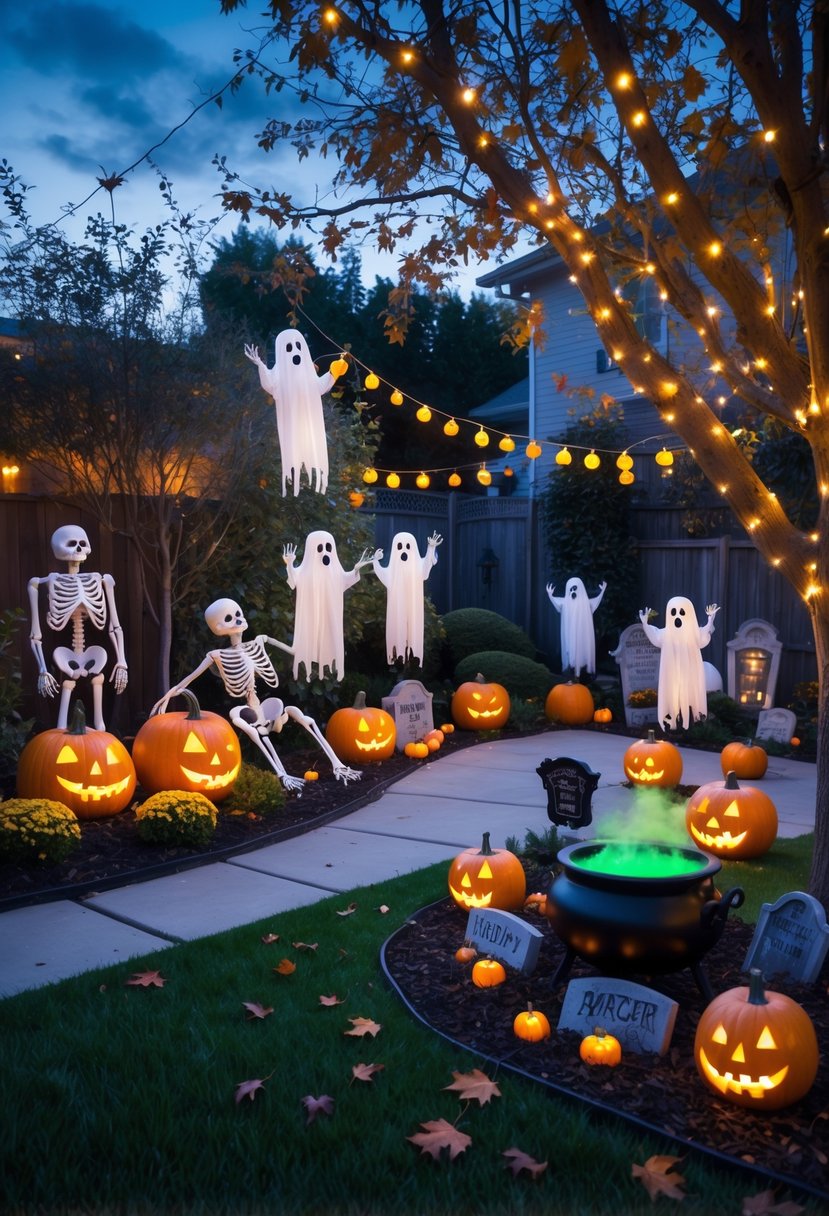 A garden decorated with 17 Halloween decorations including pumpkins, skeletons, ghosts, string lights, cobwebs, tombstones, and a witch's cauldron during twilight.