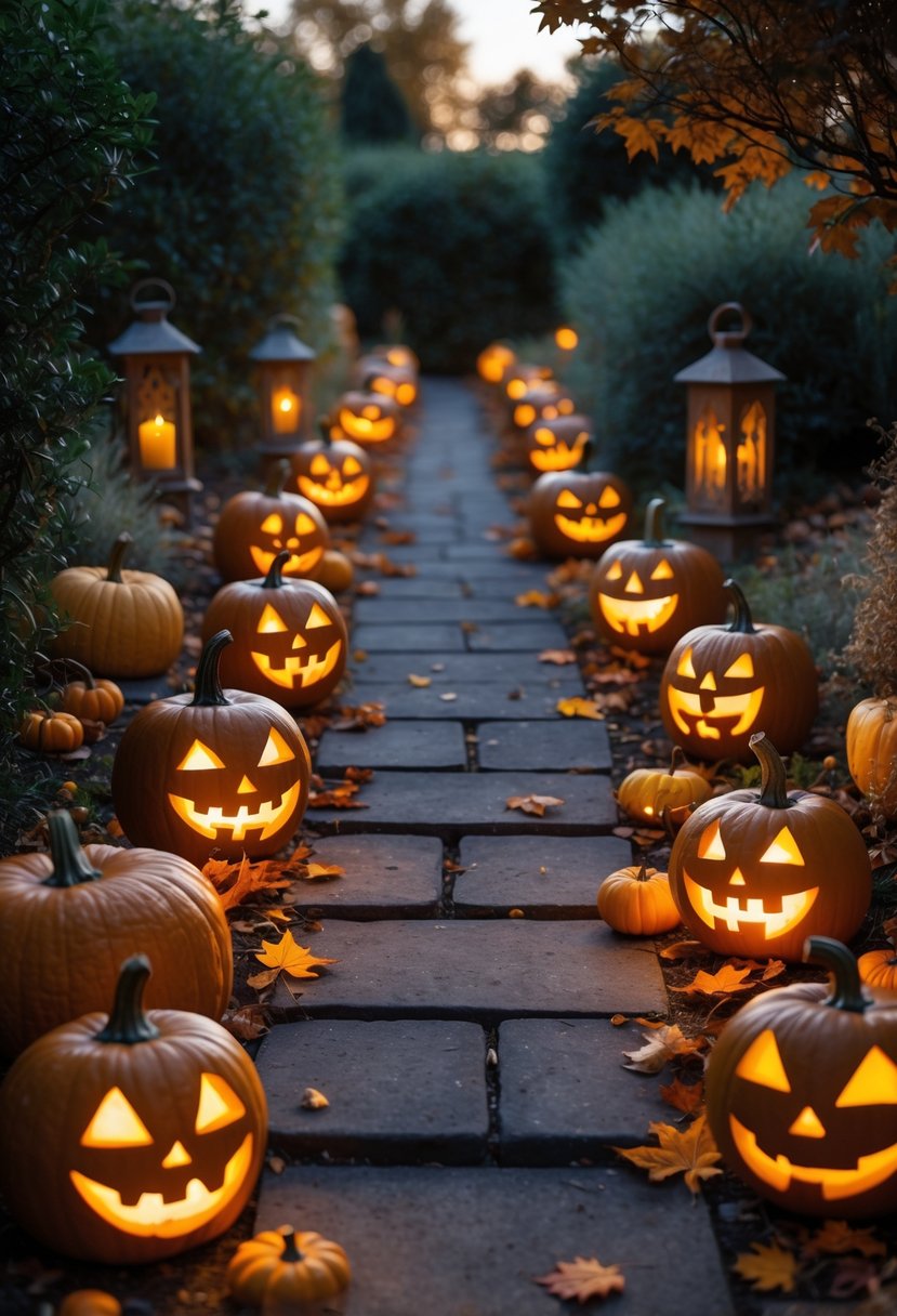 A garden pathway lined with seventeen glowing carved pumpkins and autumn decorations.