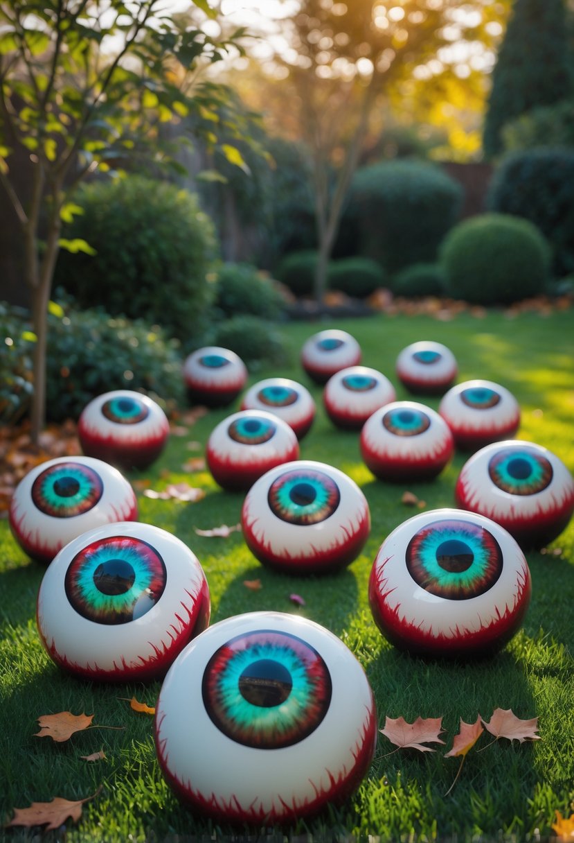 Seventeen large bloodshot eyeball decorations scattered across a grassy yard with autumn leaves and trees in the background.