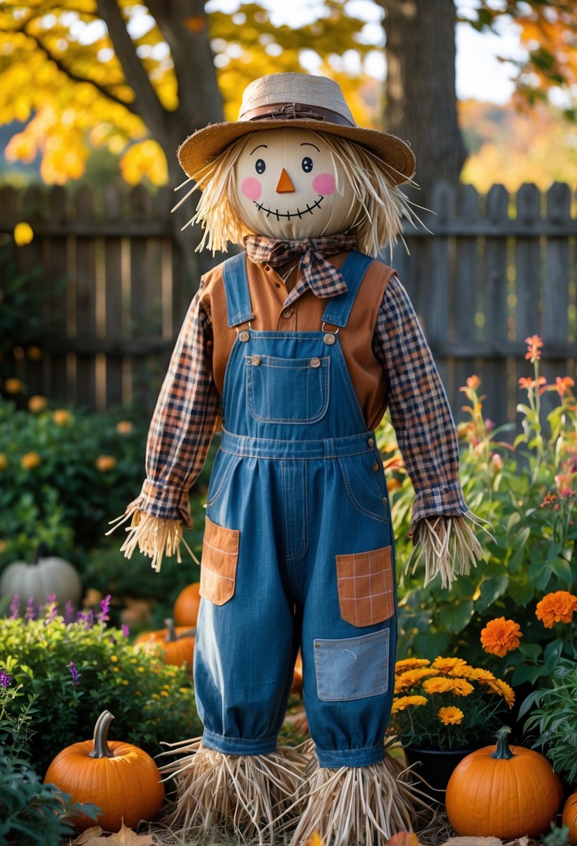 A stuffed dress form scarecrow dressed in autumn clothes standing in a garden surrounded by pumpkins and fall plants.