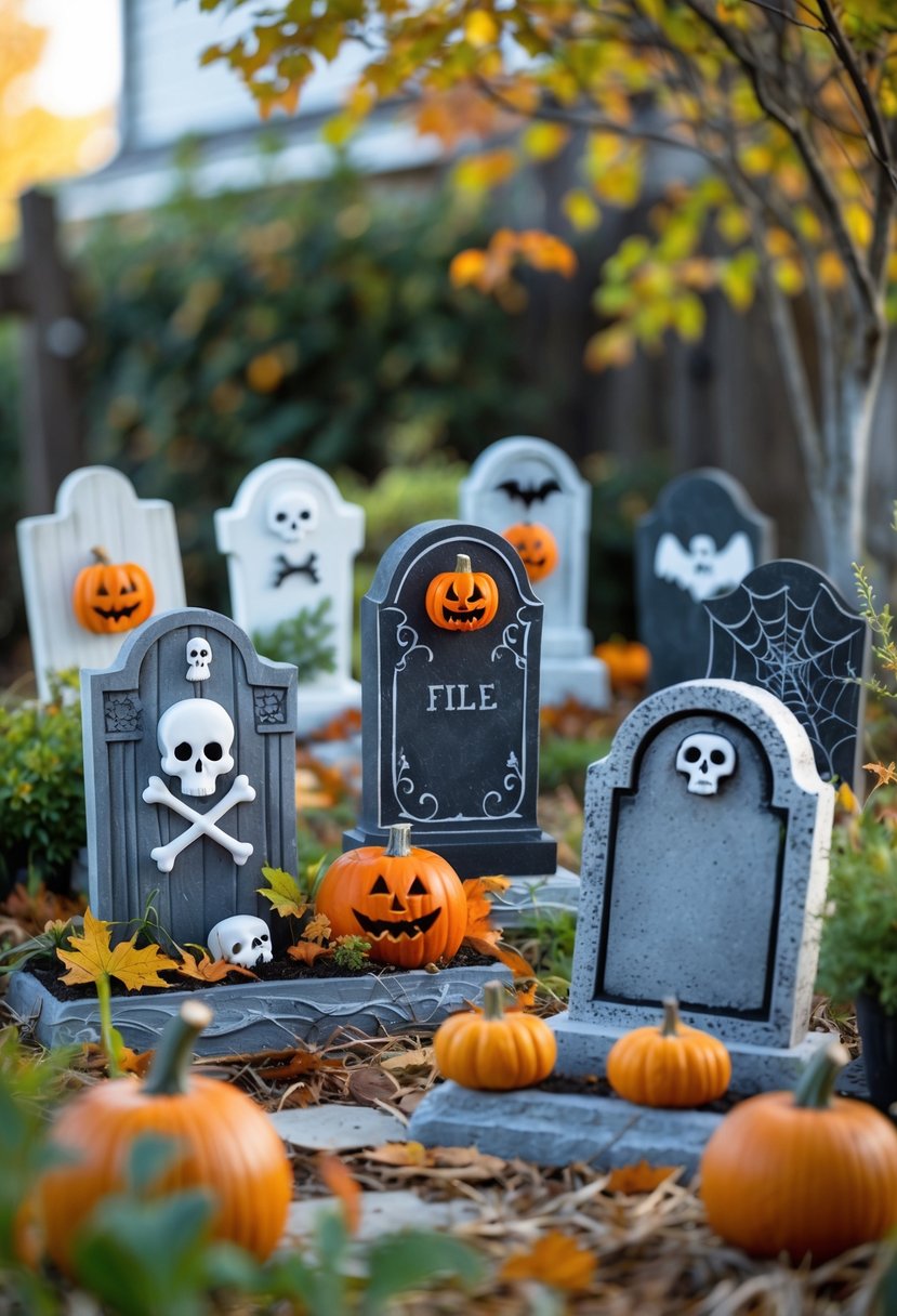 Seventeen DIY Halloween gravestone markers arranged outdoors in a garden with autumn leaves and small pumpkins.