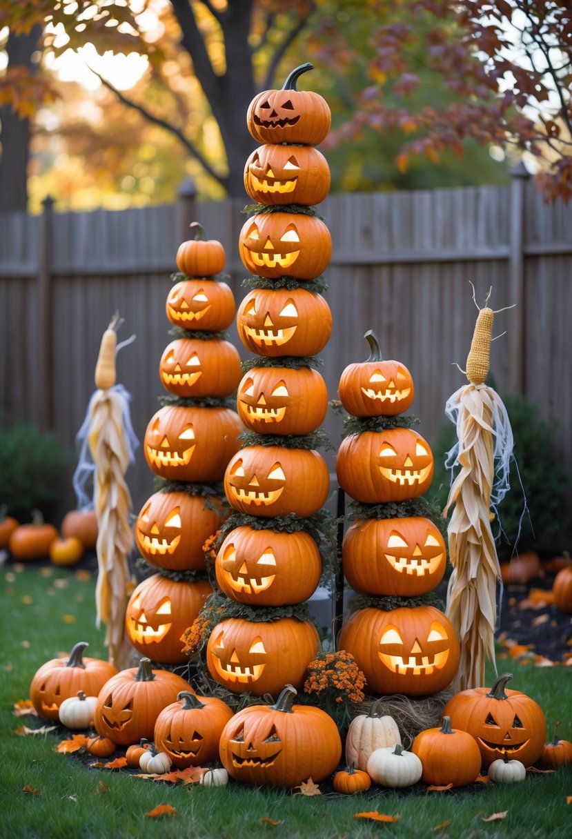 Seventeen tall stacked pumpkins carved with various Halloween faces arranged in a garden surrounded by autumn leaves and greenery.