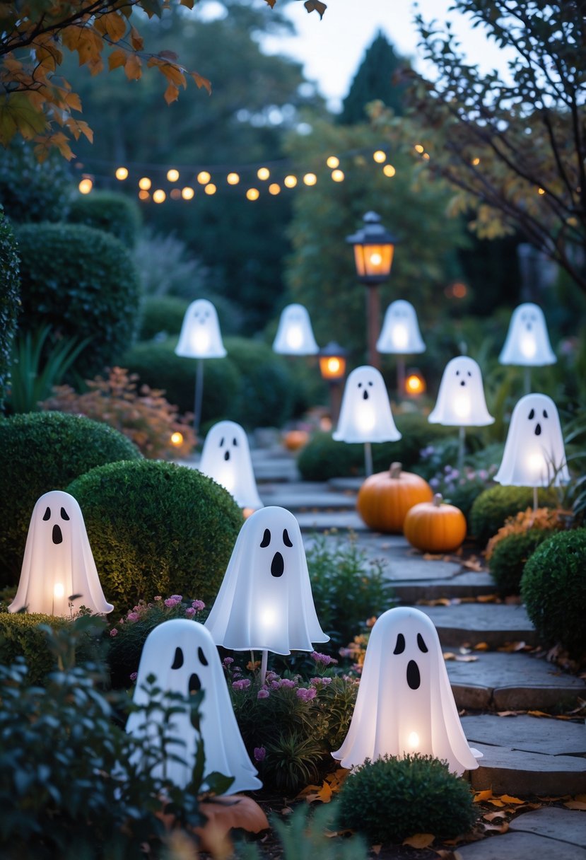 Seventeen glowing ghost circle decorations floating in a garden with autumn leaves, pumpkins, and stone pathways at twilight.