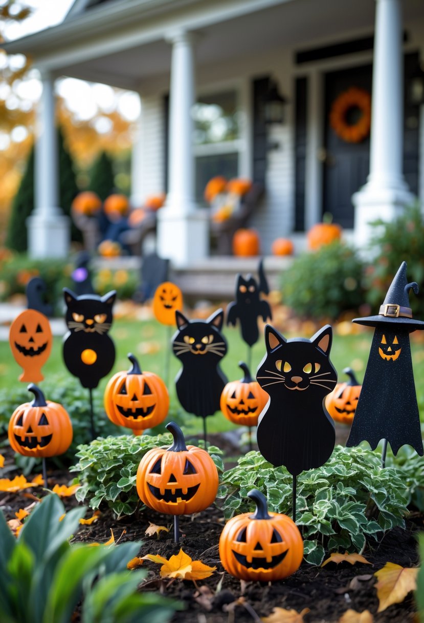 A garden decorated with 17 Halloween-themed stakes including pumpkins and black cats among green plants and autumn leaves.