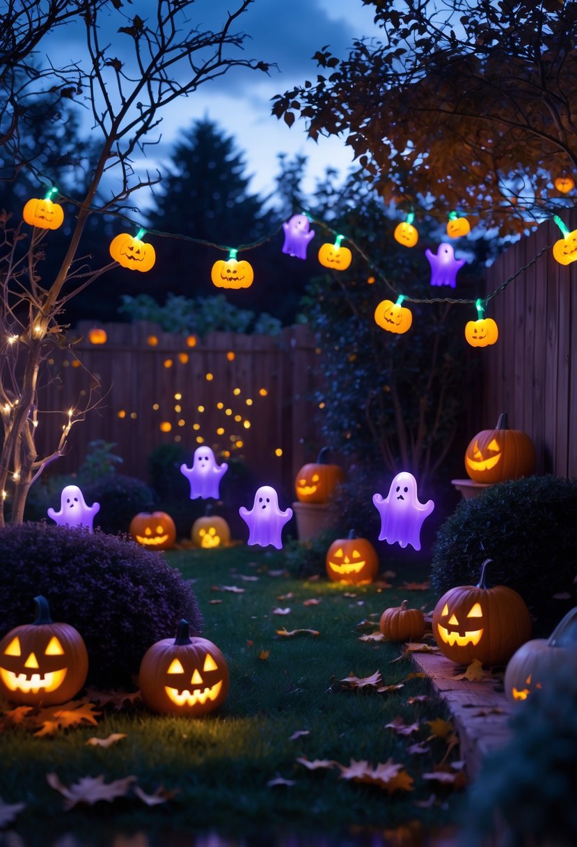 A garden at dusk decorated with 17 glowing Halloween-themed LED string lights shaped like pumpkins, ghosts, bats, and skulls, draped over bushes and a fence among autumn leaves and pumpkins.