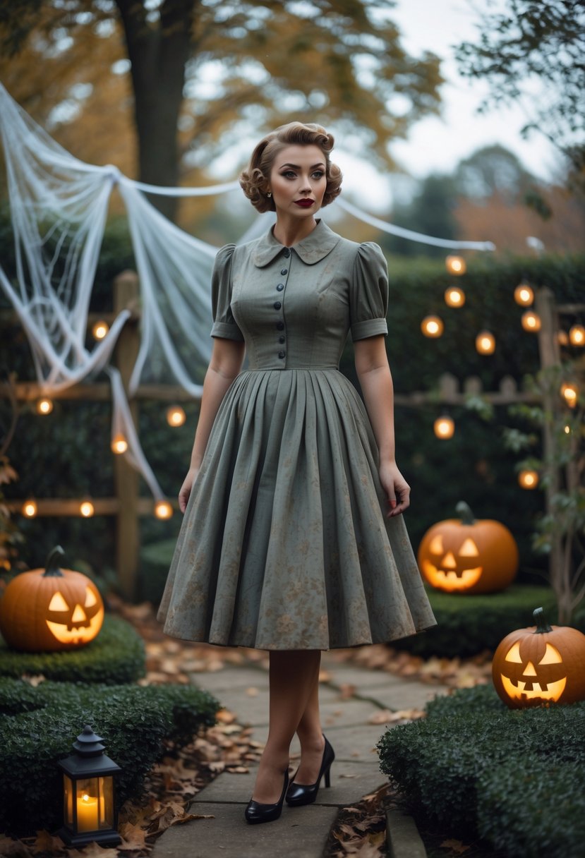 A woman in a vintage dress stands in a garden decorated with pumpkins, cobwebs, and lanterns for Halloween.