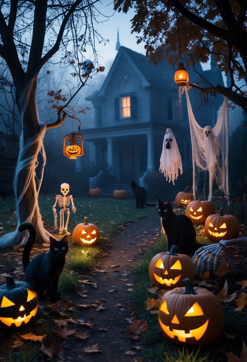 A dark garden decorated with 17 Halloween items including glowing pumpkins, ghost figures, lanterns, and skeletal hands, creating a spooky nighttime scene.