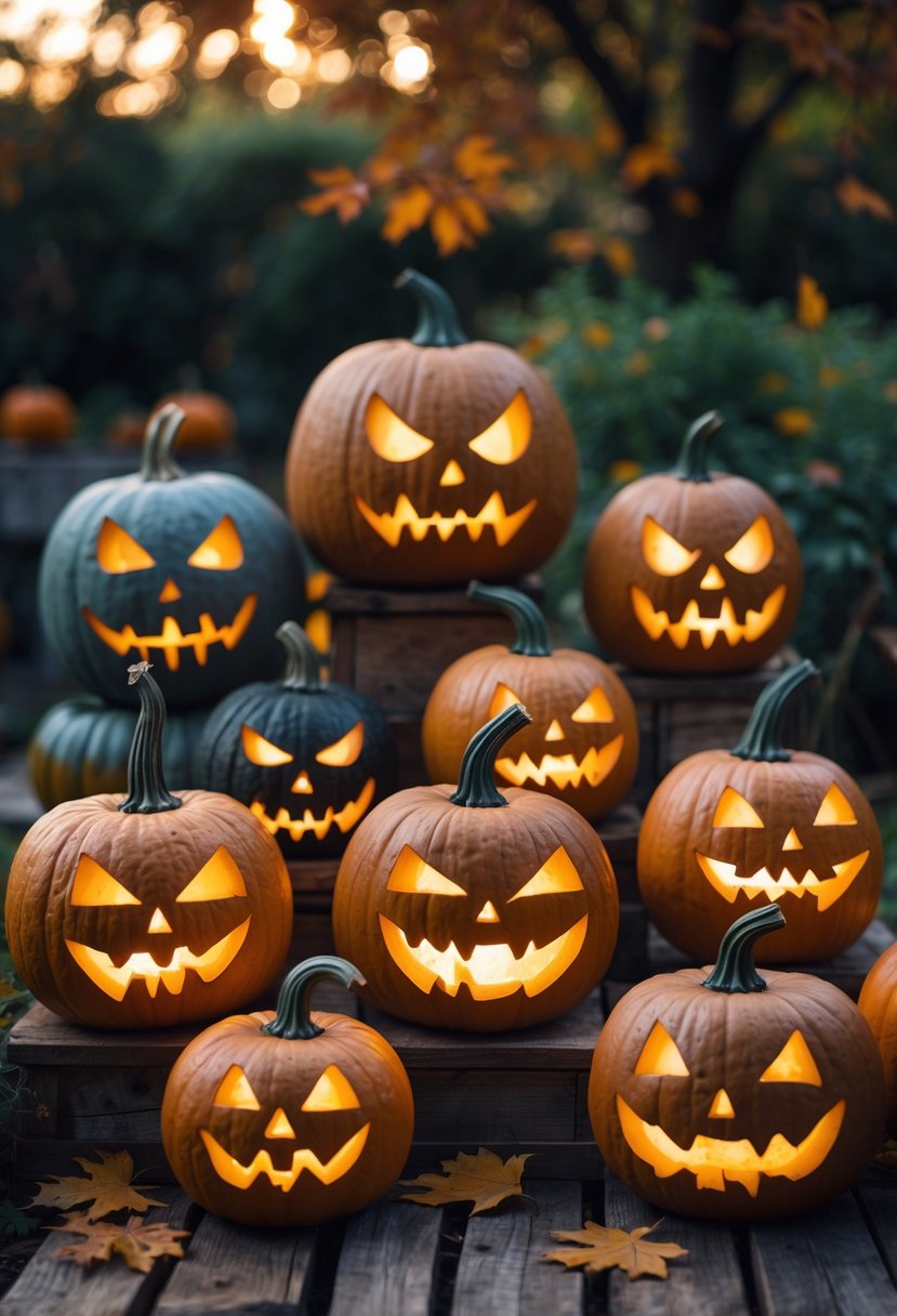 Seventeen pumpkin pots with creepy carved faces arranged outdoors as Halloween decorations among autumn leaves and garden plants.
