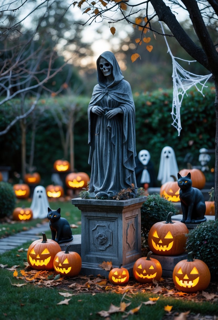 A spooky statue in a garden surrounded by seventeen Halloween decorations including pumpkins, ghosts, skeletons, and bats.