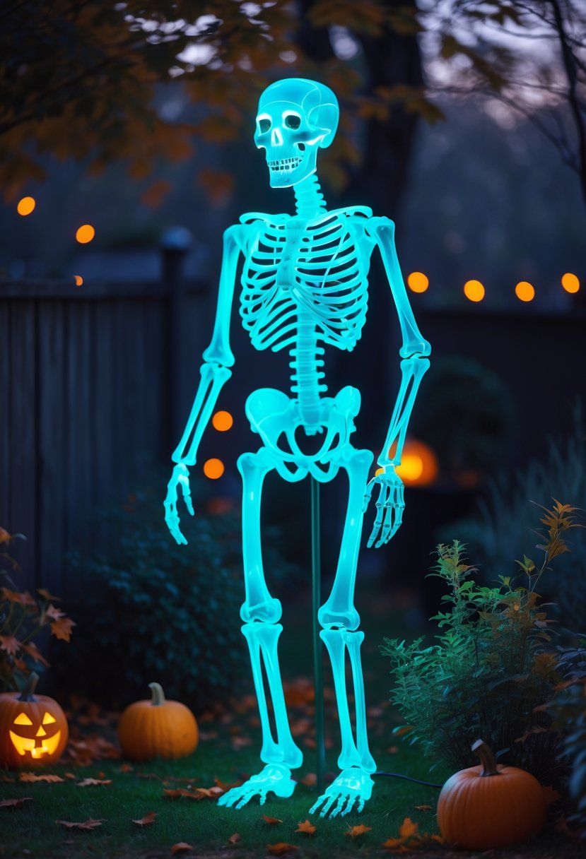 A glowing skeleton figure standing in a garden with pumpkins and fallen leaves at dusk.