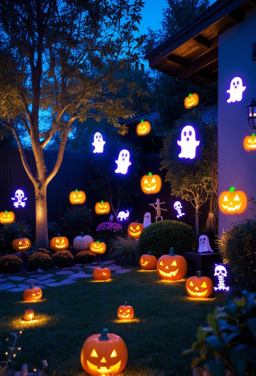 A nighttime garden decorated with 17 animated Halloween projector lights showing spooky images on trees and bushes, surrounded by pumpkins, skeletons, and cobwebs.