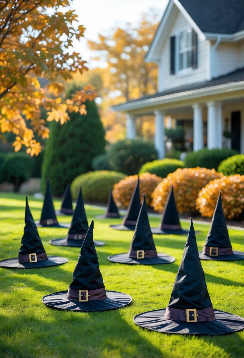 Seventeen black witch hats arranged as Halloween decorations on a green lawn surrounded by autumn leaves and a house in the background.