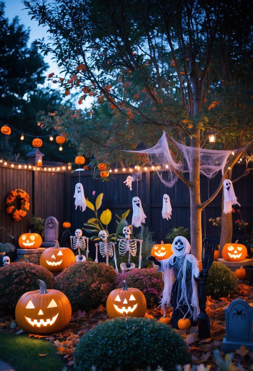 A garden decorated with 17 Halloween-themed items including carved pumpkins, skeletons, hanging ghosts, lanterns, cobwebs, and a scarecrow, all arranged among autumn leaves and plants.