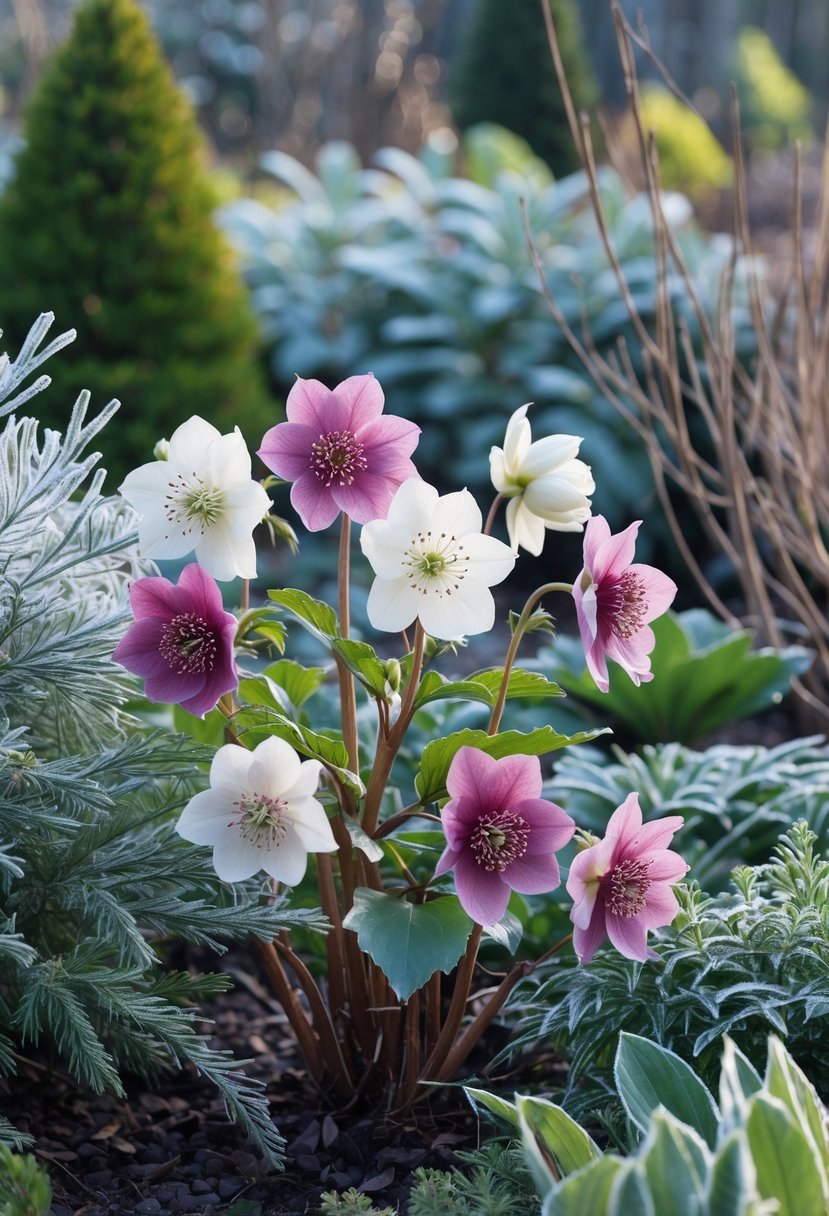 Close-up of blooming hellebore flowers in a winter garden surrounded by evergreen plants and frost-covered foliage.