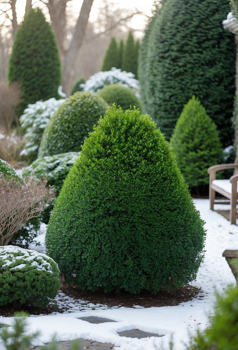 A winter garden with green boxwood shrubs covered lightly with snow and stone pathways.