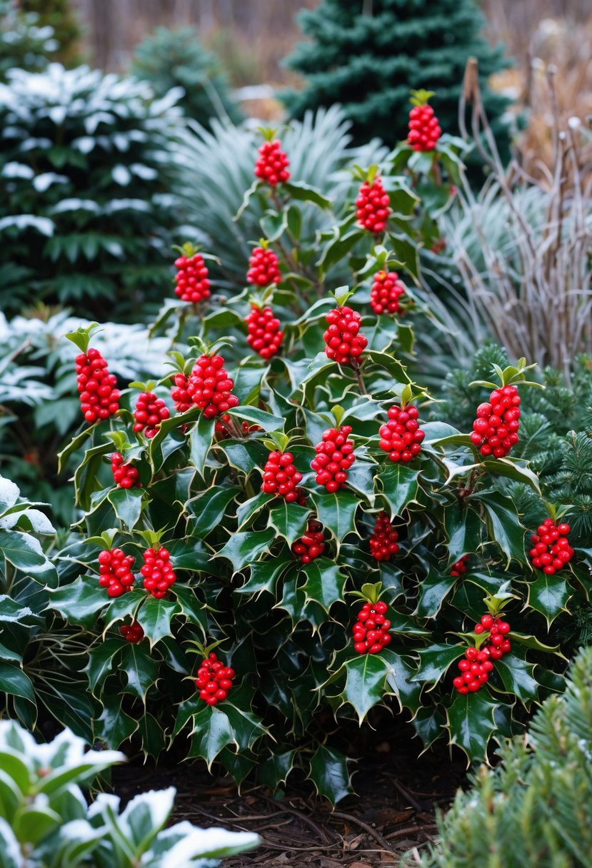 A winter garden with vibrant red winterberry holly bushes surrounded by green plants and light frost.