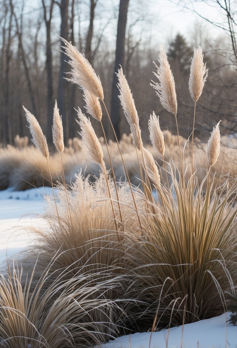 A winter garden with tall ornamental grasses covered in frost against a backdrop of bare trees and patches of snow.