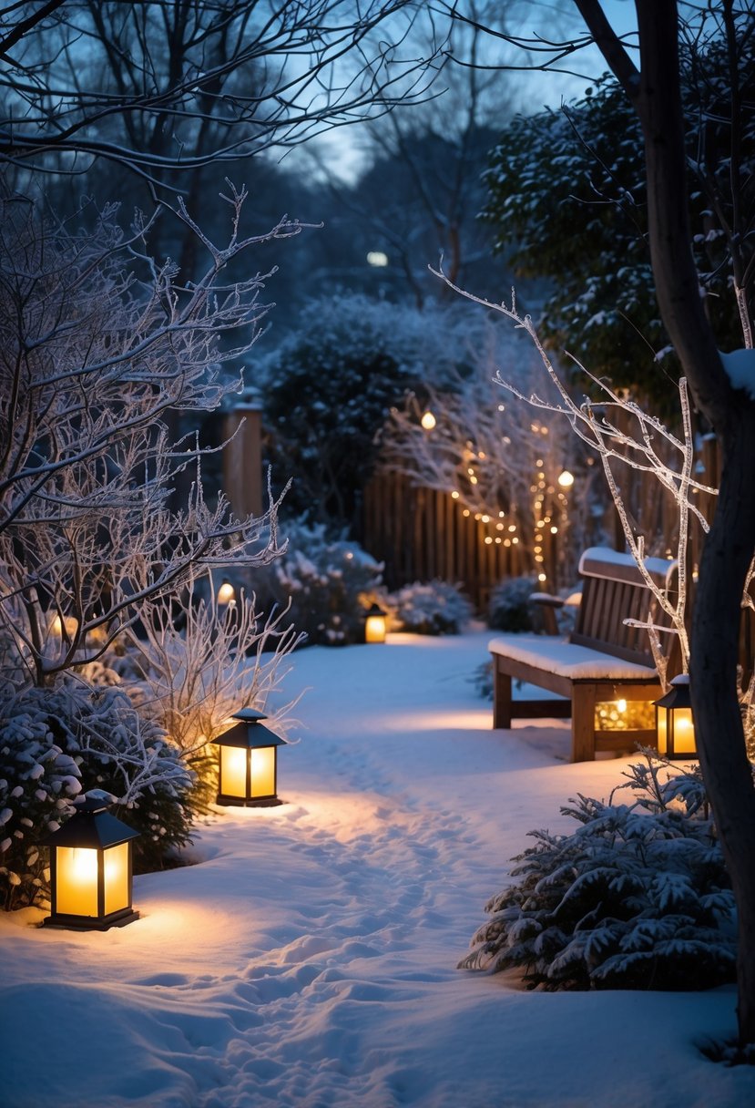 A snow-covered garden at night illuminated by warm garden lights highlighting plants, trees, and pathways.