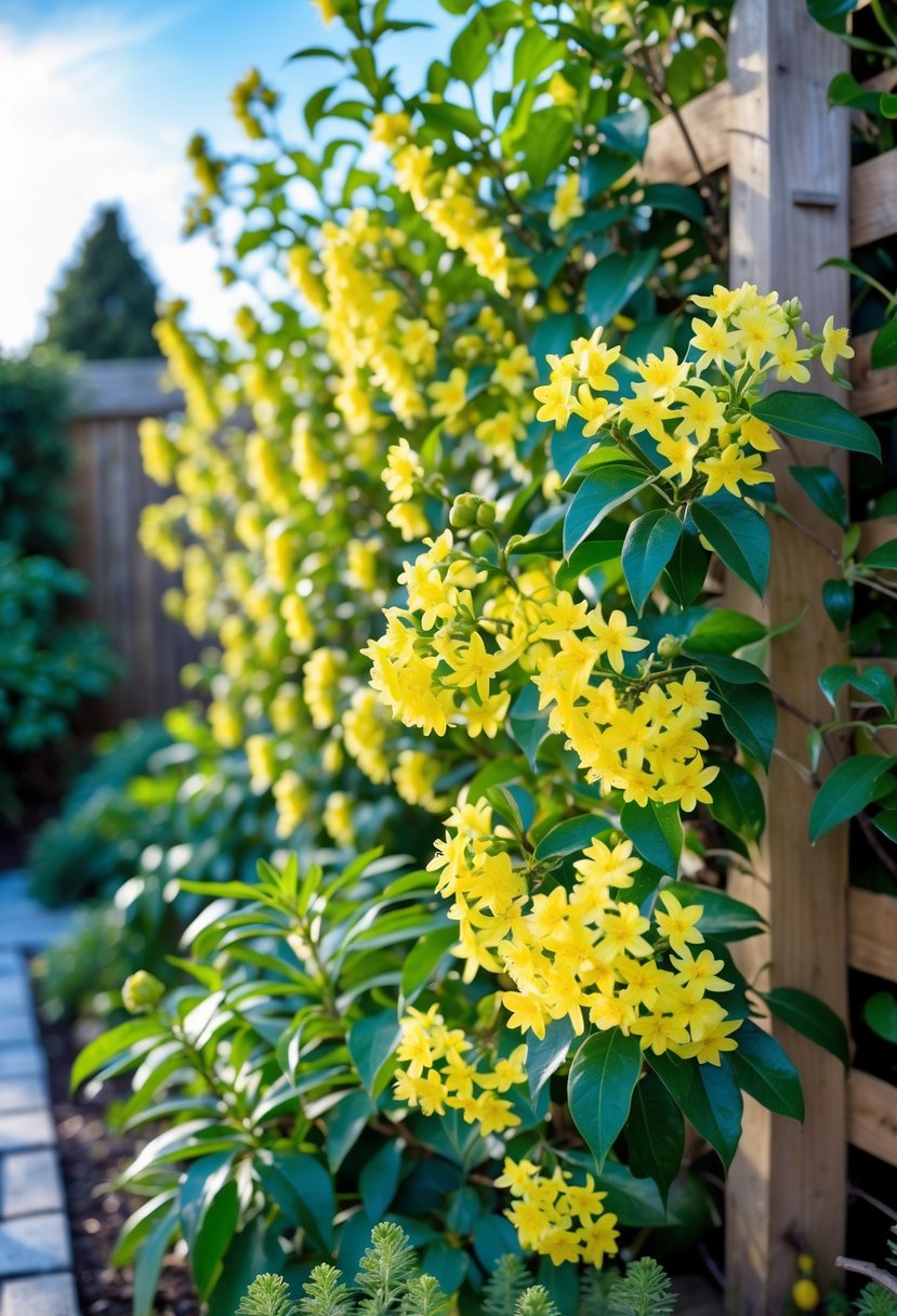 A winter garden with blooming yellow winter jasmine climbing on a wooden trellis surrounded by green plants under a clear sky.