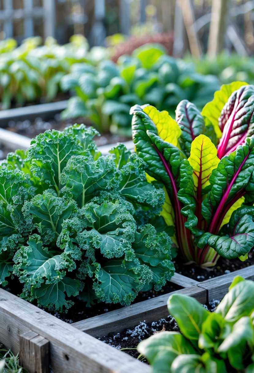 A winter garden with healthy kale and Swiss chard growing in garden beds with light frost on the soil.