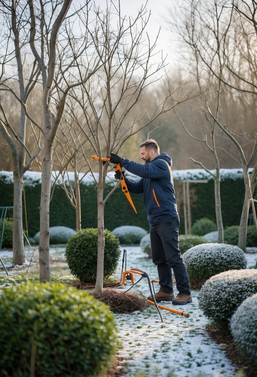 A person pruning bare deciduous trees in a winter garden with leafless shrubs and garden tools nearby.