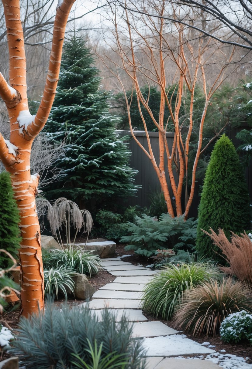 A peaceful winter garden with paperbark maple trees and various plants showing textured bark and winter foliage lightly covered with snow.