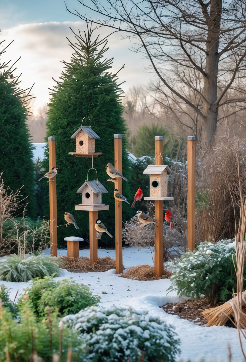 A winter garden with seed feeders, birdhouses, and colorful birds perched among snow-covered plants and trees.
