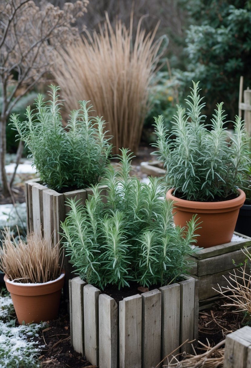 A winter garden with rosemary and thyme plants growing in pots, surrounded by frost and winter plants.